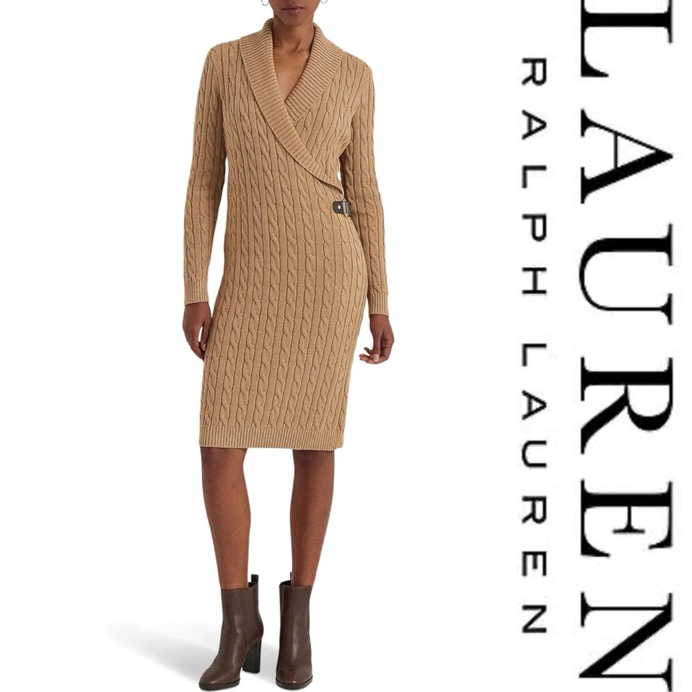 Lauren Ralph Lauren Cable-Knit Buckle-Trim Camel Sweater Dress*NWT
